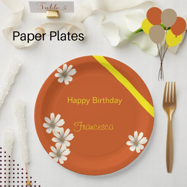 White Floral with orange background birthday    Paper Plate (Creator Uploaded)