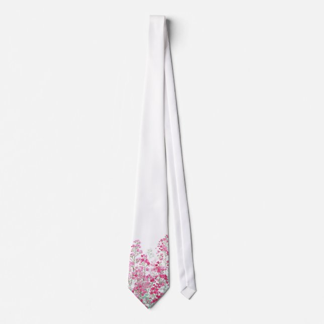 White Floral with Pink Wildflowers Patterned Tie (Front)