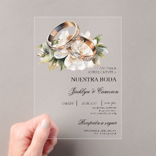 White Floral with ring Spanish Wedding acrylic Invitations