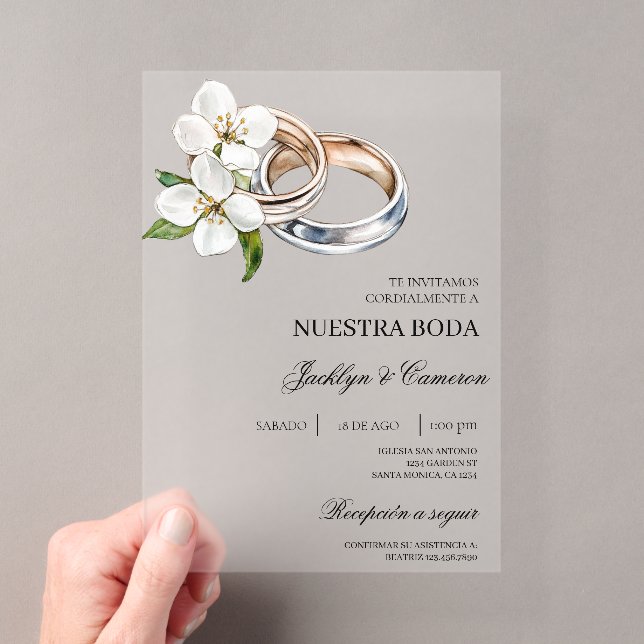 White Floral with ring Spanish Wedding Acrylic Invitations (Insitu (Handheld))
