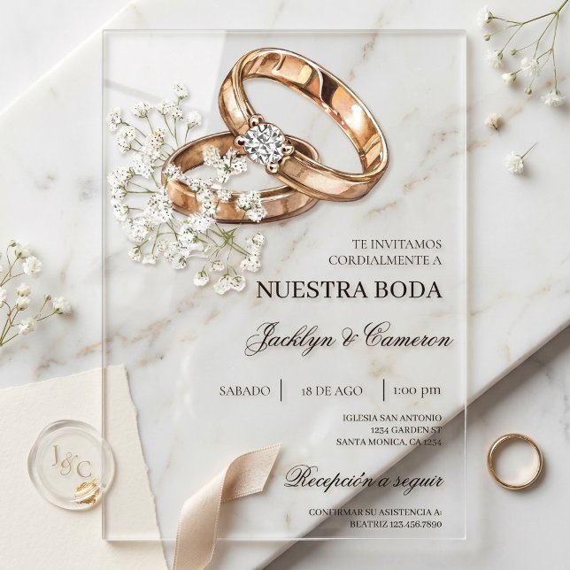 White Floral with ring Spanish Wedding Acrylic Invitations (Creator Uploaded)