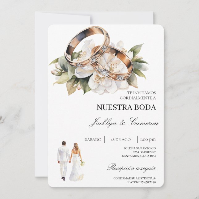 White Floral with ring Spanish Wedding Invitation (Front)