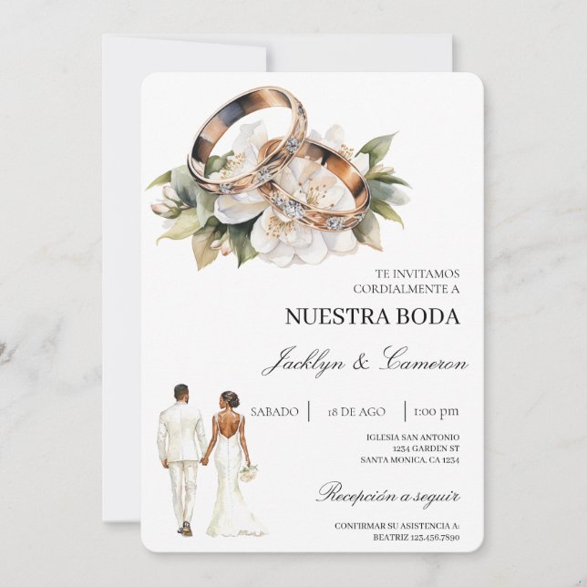 White Floral with ring Spanish Wedding Invitation (Front)