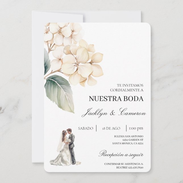 White Floral with ring Spanish Wedding Invitation (Front)