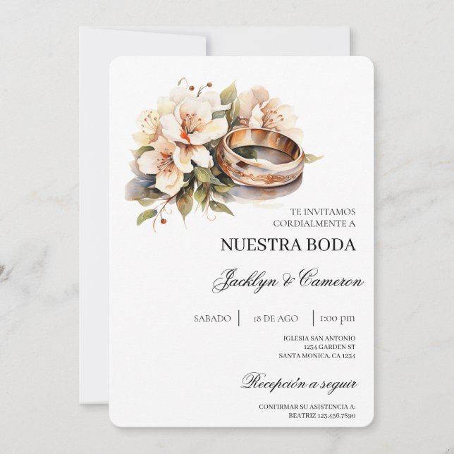 White Floral with ring Spanish Wedding Invitation (Front)