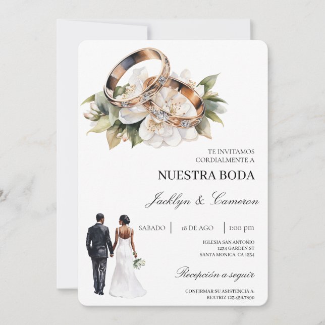White Floral with ring Spanish Wedding Invitation (Front)