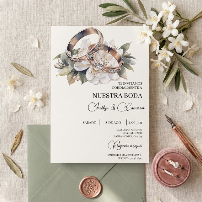 White Floral with ring Spanish Wedding Invitation (Creator Uploaded)