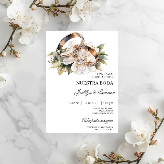 White Floral with ring Spanish Wedding Invitation (Creator Uploaded)
