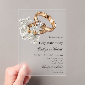 White Floral with ring Wedding Acrylic Invitations