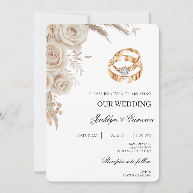 White Floral with ring Wedding Invitation (Front)