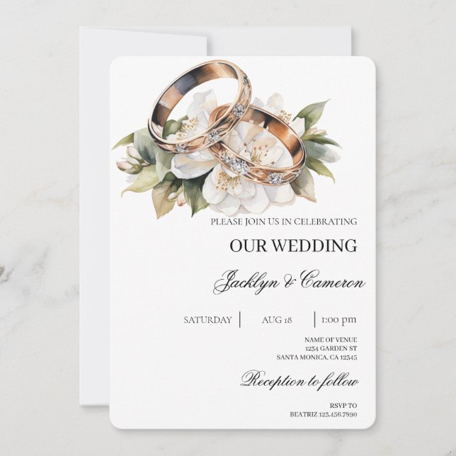 White Floral with ring Wedding Invitation (Front)