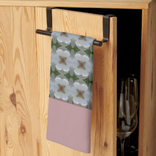 White Floral With Rosy Pink And Burgundy Tea Towel