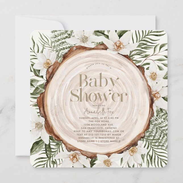 White Floral Wood Stump Baby Shower Invitation (Front)