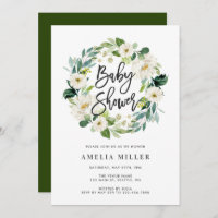 White Floral Wreath Baby Shower Invitation