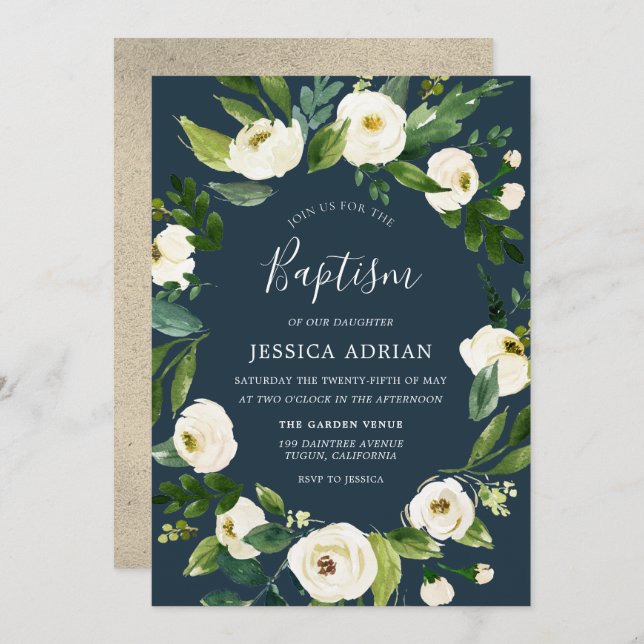 White Floral Wreath Baptism Christening Invite (Front/Back)