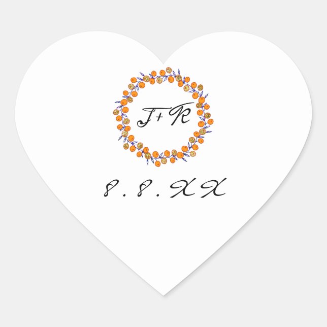 White Floral Wreath Blue Orange Gold Monogram Heart Sticker (Front)