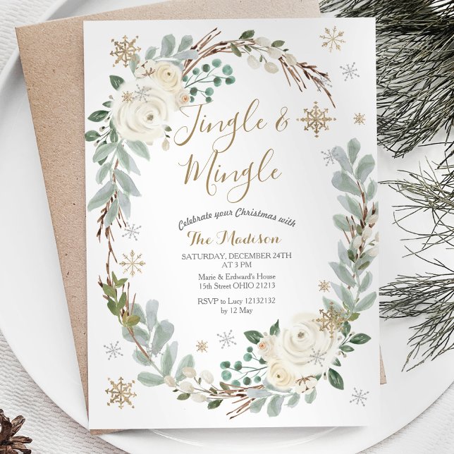 White Floral Wreath Jingle & Mingle Winter Invitation (Creator Uploaded)