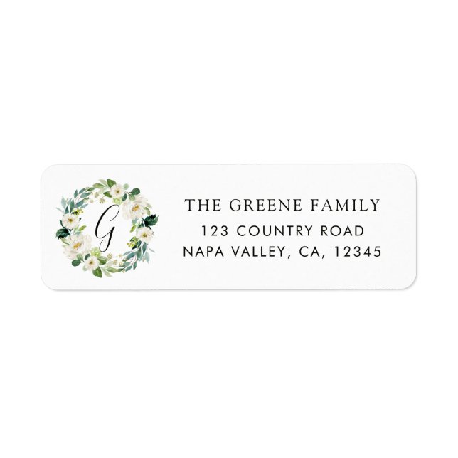 White Floral Wreath Monogram Return Address Label (Front)