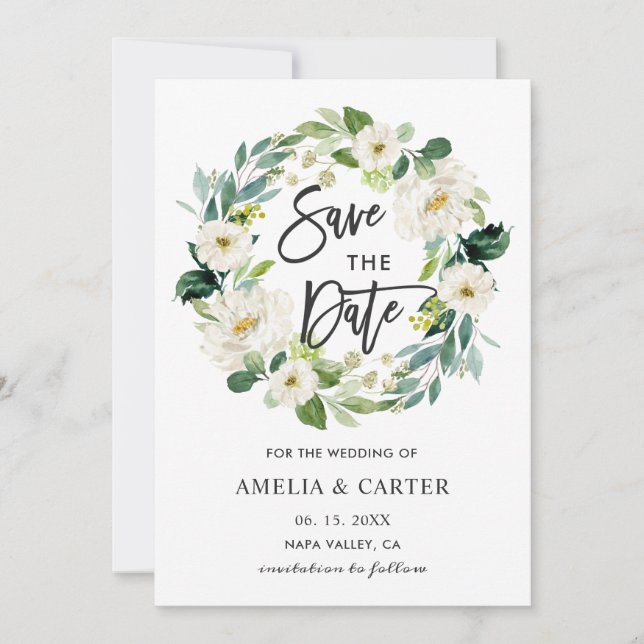 White Floral Wreath Wedding Save the Date Card (Front)