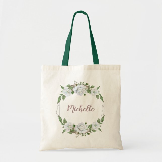 White Floral Wreath with Name Tote Bag (Front)