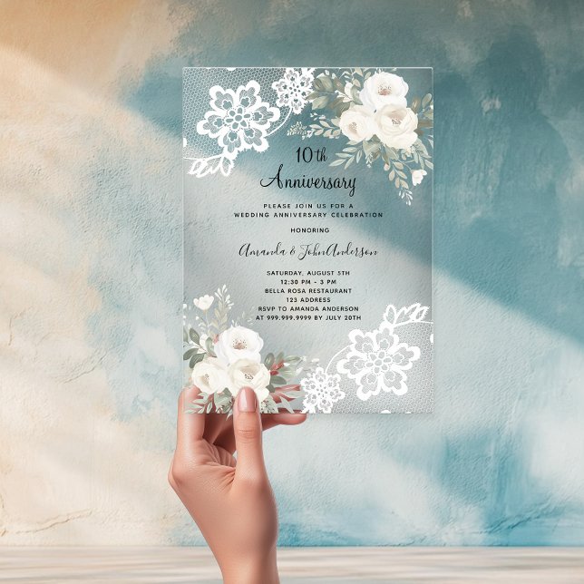 White florals 10th wedding anniversary acrylic invitations (Creator Uploaded)