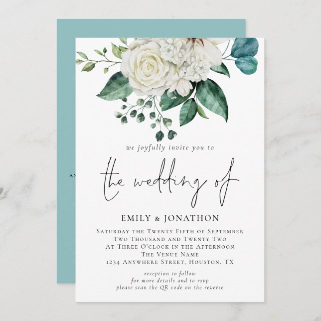 White Florals Eucalyptus QR Code Wedding Invitation (Front/Back)