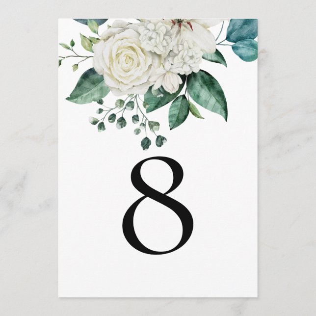 White Florals Eucalyptus Wedding Table Number (Front)