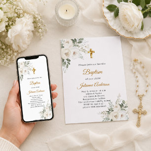 White florals gold cross baptism invitation