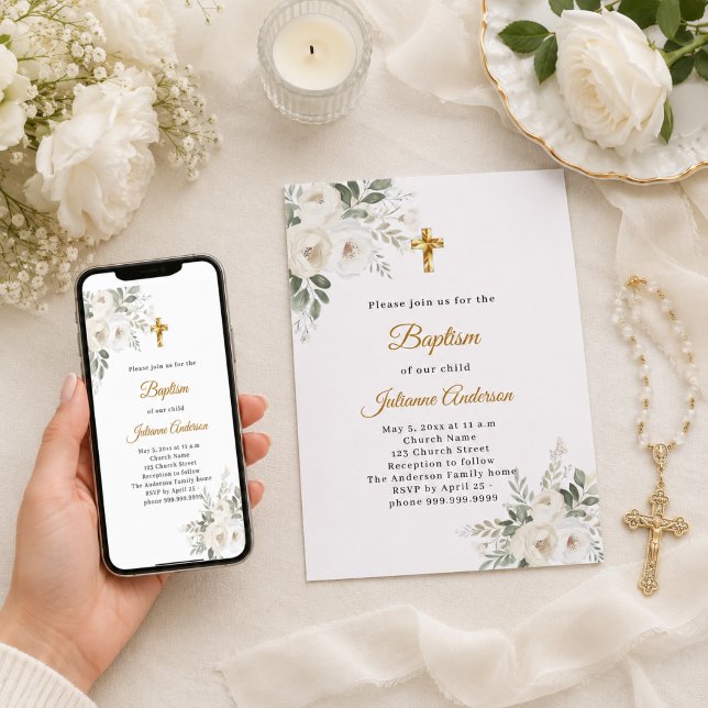 White florals gold cross baptism invitation (Creator Uploaded)