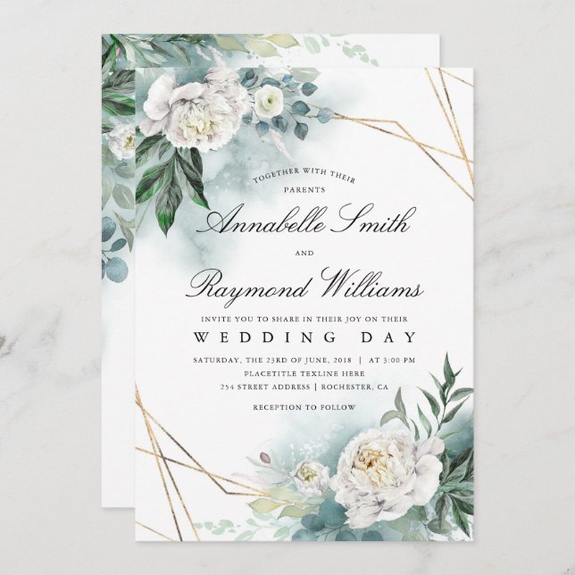 White Florals Gold Frame | Peony Wedding Invitation (Front/Back)