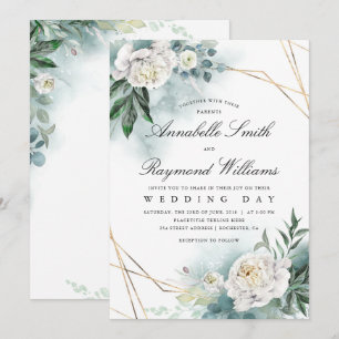 White Florals Gold Frame Peony Wedding Invitation