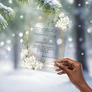 White florals gold geometric frame clear wedding acrylic invitations