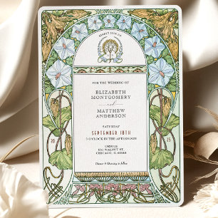 White Florals & Green Elegance Art Nouveau Wedding Invitation