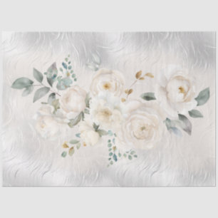 White Florals on Silver Tone Decoupage Tissue Paper