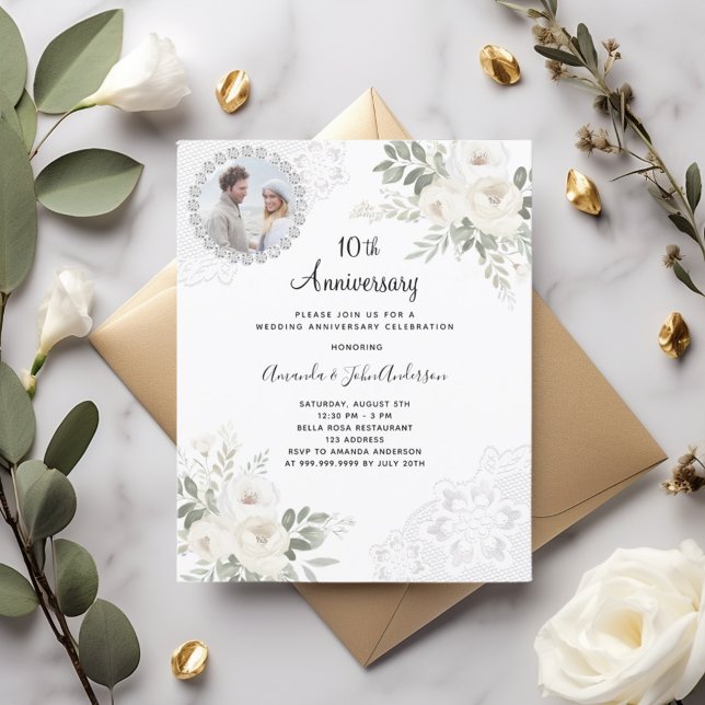 White florals photo 10th wedding invitation (Creator Uploaded)