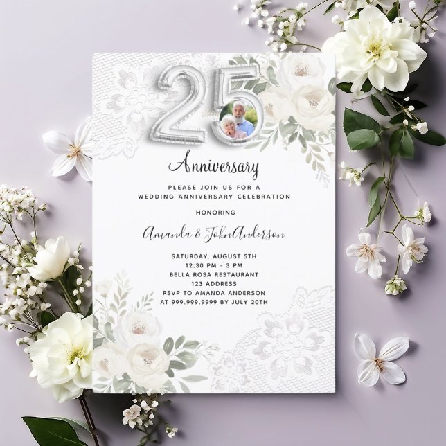 White florals photo 25th wedding anniversary invitation (Creator Uploaded)