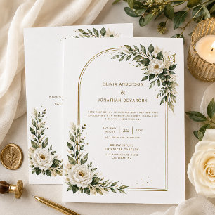White Florals Sage Greenery Gold Arch Reception Invitation