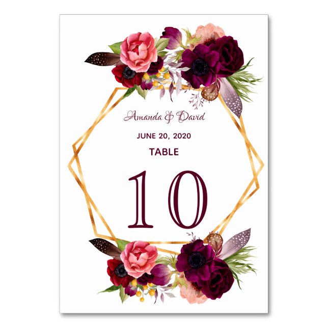 White floras geometric burgundy wedding table number (Front)