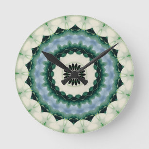 White Flower and Cerulean Blue Mandala Round Clock