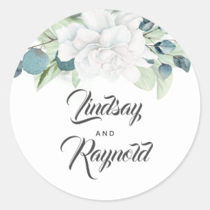White Flower and Eucalyptus Greenery Wedding Classic Round Sticker