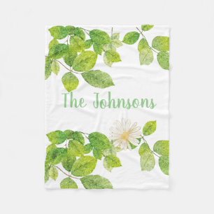 White Flower and Green Leaves Garden Fleece Blanket