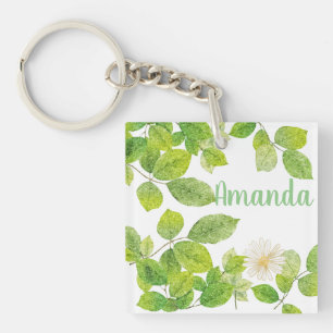 White Flower and Green Leaves Garden Key Ring