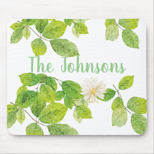 White Flower and Green Leaves Garden Mouse Pad