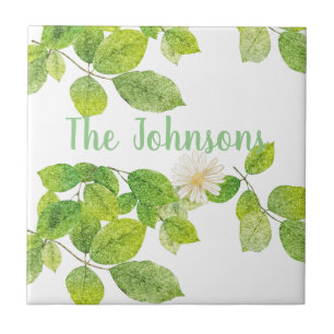 White Flower and Green Leaves Garden Tile