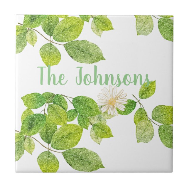 White Flower and Green Leaves Garden Tile (Front)