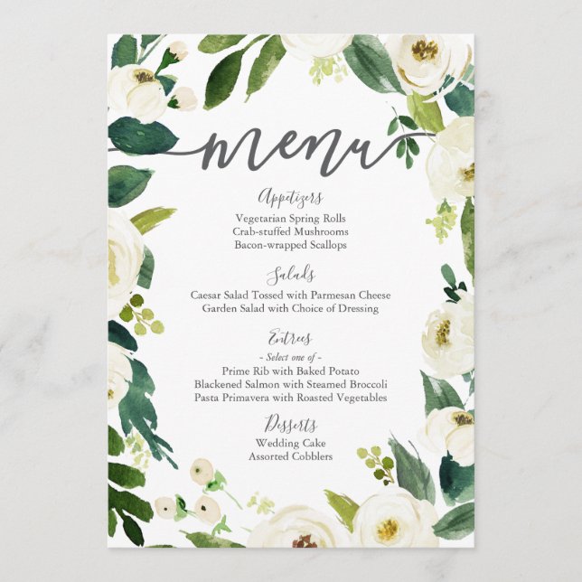 White Flower and Green Wedding Menu Cards (Front)