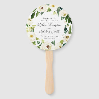 White Flower and Green Wedding Program Circle Fan