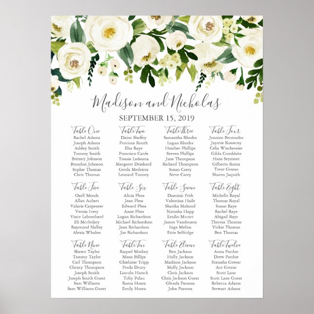 White Flower and Green Wedding Seating Chart (Front)
