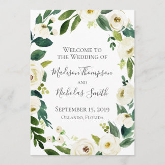 White Flower and Green Wreath Wedding Program Card