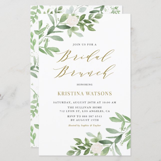 White Flower and Greenery Bridal Brunch Invitation (Front/Back)